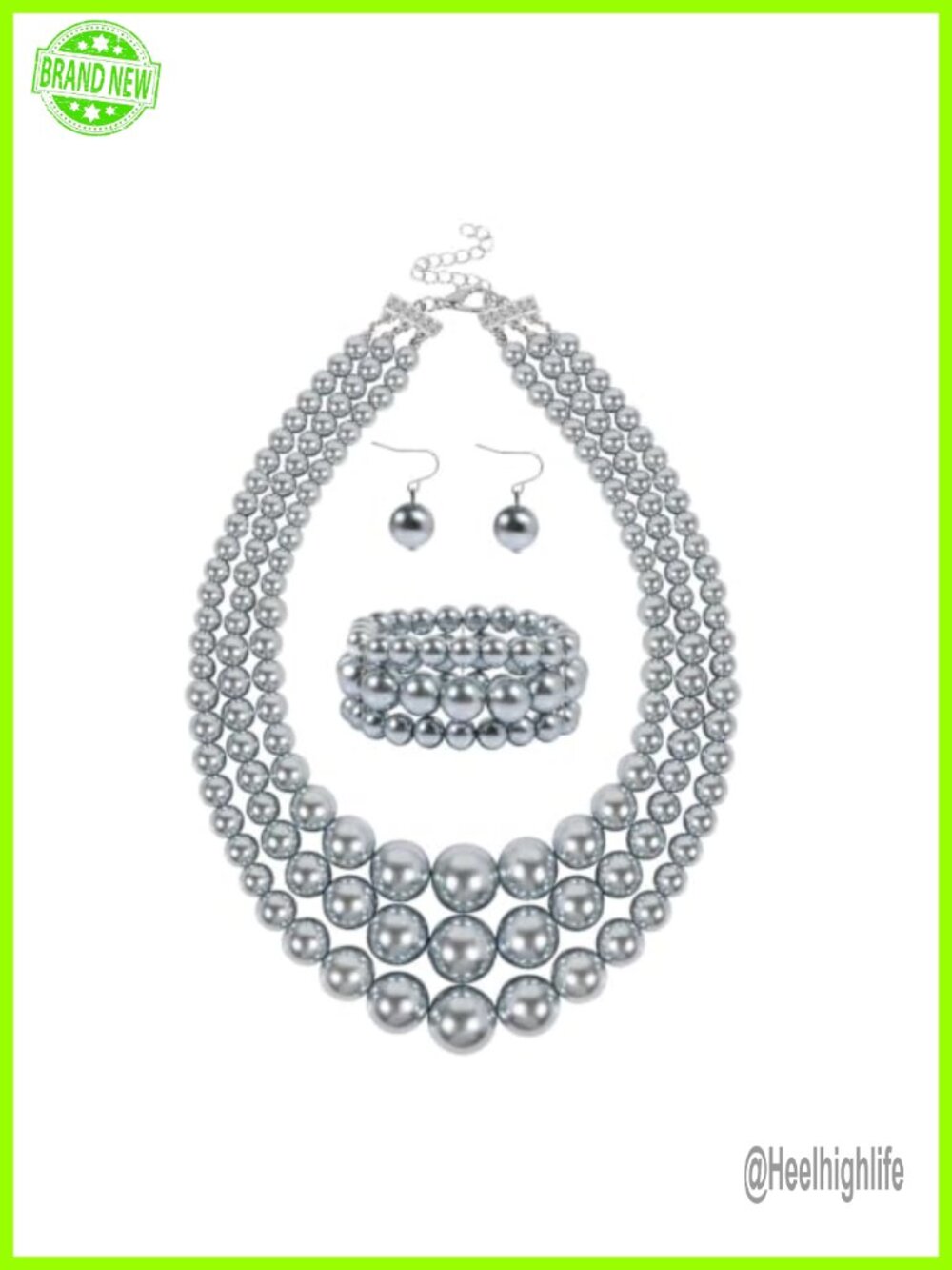 3 Layer Simulated Pearl Necklace Bracelet Earrings Jewelry Set 18"